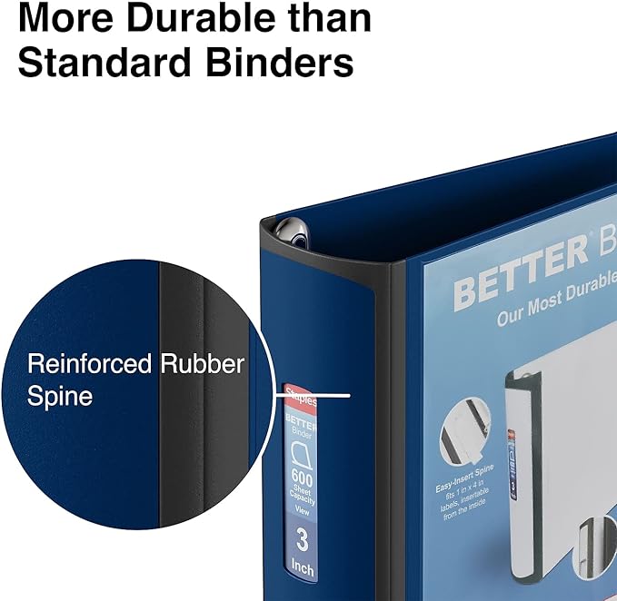 Staples Better Binder, 3-Ring, Reinforced Rubber Spine, 3 Inch D-Ring Binders for Home, Office, School, Holds up to 600-Sheets, Blue