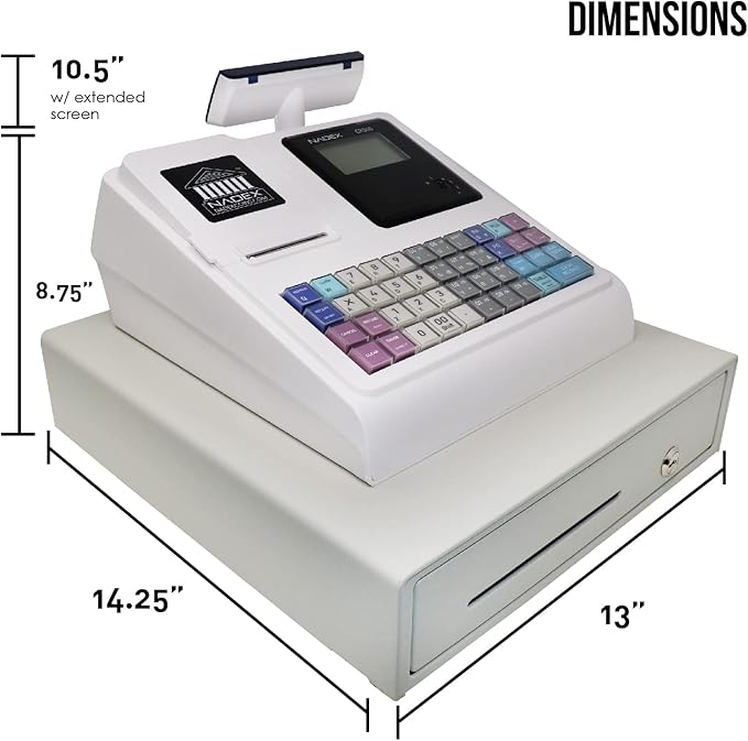 Nadex CR360 Cash Register, 4700 Lookups 50 Dept 50 Clerks, Quick Load Thermal Printer, Compact Size, Cash and Coin Drawer, White