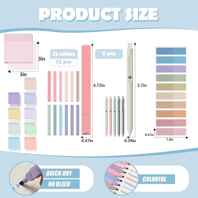Jutom 39 Pcs Aesthetic Book Annotation Kit Highlighter with Pencil Case Bag Gel Pen Transparent Sticky Note Taking Bible Study College School Supplies(Light Blue,Cute Style)