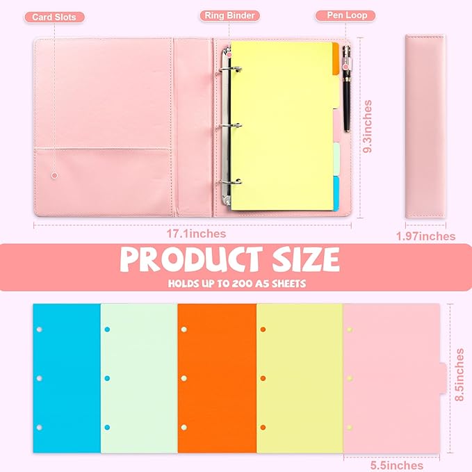 2 Pack Mini Size 3 Ring Binder 5 Colors Dividers Pu Leather Binders 7.7" X 9.3" Holds 200 Sheets Paper Three Ring Binder DRing Purple Pink with Pen Loop 1 Pockets School Office (Purple&Pink)