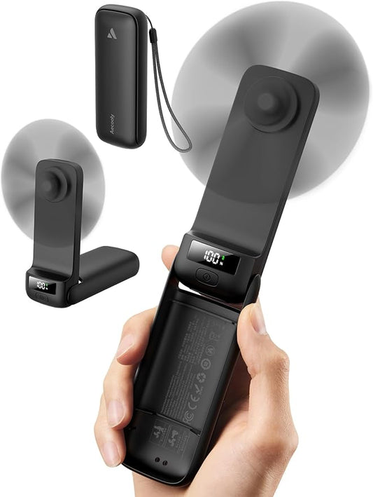 Aecooly Slim Portable Fan with Digital Display, Thin Handheld Fan, USB Rechargeable Mini Personal [24H Max Cooling Time], Battery Powered Small Foldable Pocket Gifts for Women, Travel, Summer -Black