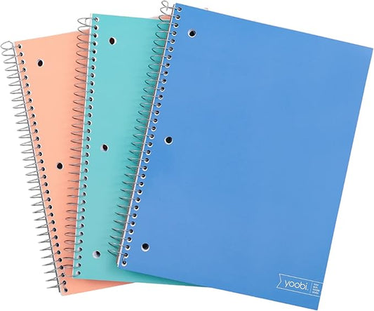 Yoobi College Ruled 8 x 10.5” Spiral Notebook Set – Bulk 3-Pack of 3 Subject Notebooks, Blue, Mint Green & Blush Pink – Gift Idea – 150 Perforated, 3-Hole Punched Sheets
