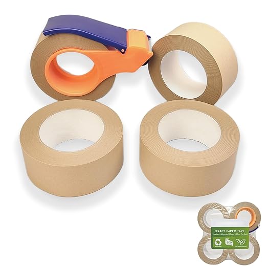 Kraft Paper Shipping Tape with Dispenser, Eco-Friendly Brown Paper Packing Tape for Moving Boxes, Odorless and Quiet, Carton Sealing Recyclable Shipping Supplies, 2 Inch x 66 Yards x 4 Rolls