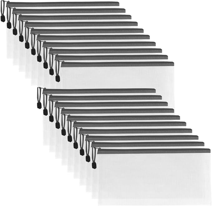 60 Pcs Plastic Mesh Zipper Pouch, 9.3x4.7in Zip File Folders Puzzle Bags, Waterproof Transparent Zip Bag for Office Supplies, Travel and Home