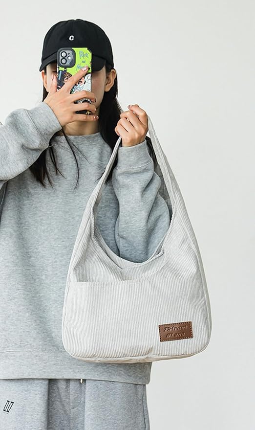 Corduroy Tote Bag Unisex Retro Handbag Multi Pocket Shoulder Work College Satchel Compartment Messenger Purse