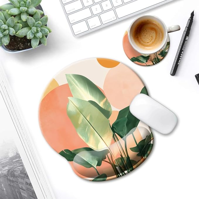 HOPONY Mouse Pad with Wrist Rest,Ergonomic Mouse Pads Wrist Support for Desk,Large Mousepad for Wireless Mouse Gaming Laptop Work Home Desk Accessories Office Supplies Decor,9 x 10 in,Tropical Plants