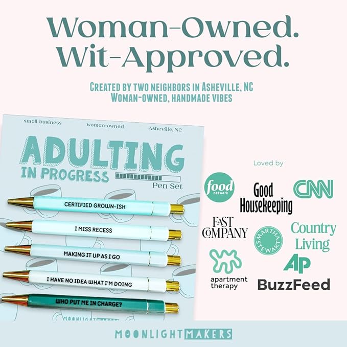 Moonlight Makers - Set of 5 Ballpoint Pens Black Ink- Engraved Funny Pens for Adults - Adulting in Progress Appreciation Gifts - Ideal Desk Decor for Work and Office Desk - Cute Packaging, Handy Clips