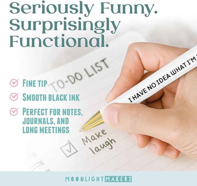 Moonlight Makers - Set of 5 Ballpoint Pens Black Ink- Engraved Funny Pens for Adults - Adulting in Progress Appreciation Gifts - Ideal Desk Decor for Work and Office Desk - Cute Packaging, Handy Clips