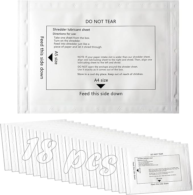 Paper Shredder Lubricant Lubricating Sheets, Paper Shredder Oil Sharpening & Cleaning Sheet for Cross-Cut and Micro-Cut Paper Shredders (18-Pack)