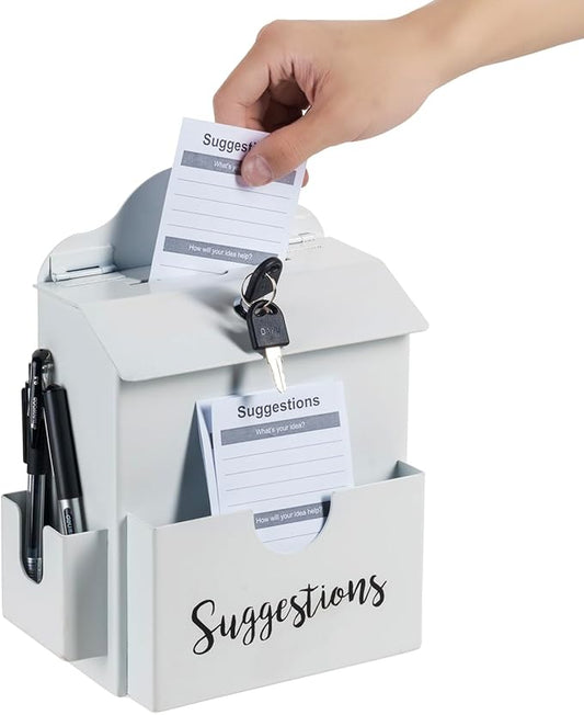 MyGift Suggestion Box with Cursive Suggestions Lettering, Wall Mounted or Tabletop Ballot Comment Box with Lock, Keys, Paper Sheet and Pen Holder Slots, White Metal