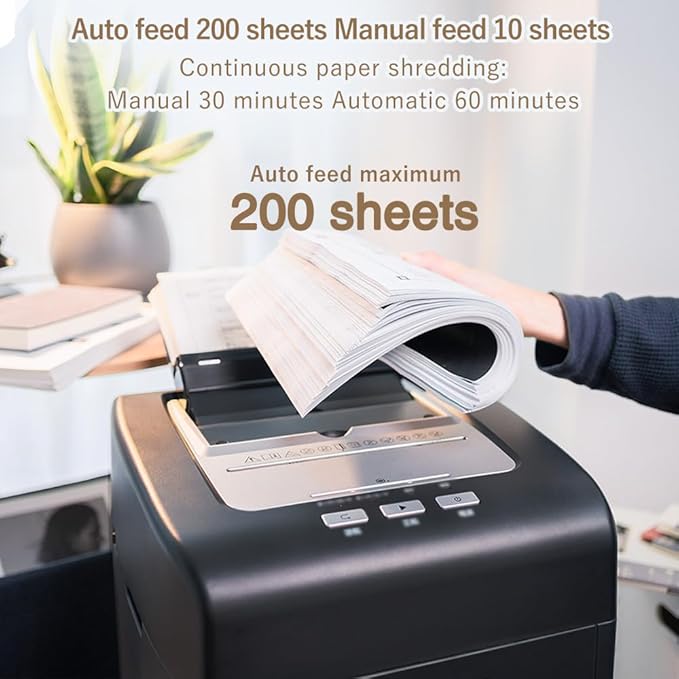 Commercial Autofeed Paper Shredder: 200 Sheets P-5 Micro Cut Shreds CDs/Cards/Staples 60-Min Continuous Run Anti-Jam 9.3 Gal Bin Quiet Heavy Duty for Home Office School Business - Black