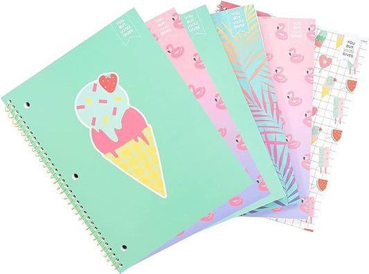 Yoobi College Ruled 8 x 10.5” Spiral Notebook Set – Bulk 6-Pack of 1 Subject Notebooks, Variety of Cute Designs – 100 Perforated 3-Hole Punched Sheets, For School, Office & Home