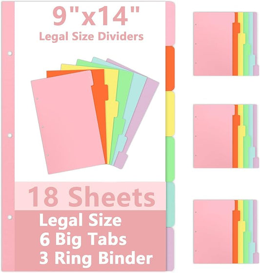 18 Sheets 9x14 Inch Legal Size Tab Dividers 3 Ring Binder Legal Size Index Tab Dividers 6 Colors Legal Index Card tab Dividers Legal Exhibit Dividers 6 Legal File Separators for Office Organization