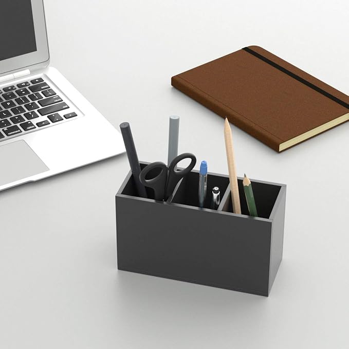 NIUBEE Acrylic Pen Holder 3 Compartments, Black Pencil Organizer Cup for Countertop Desk Accessory Storage