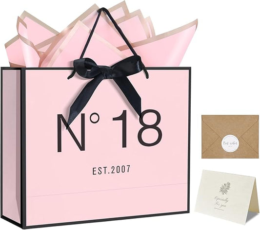 QLSKO 13" Birthday Gift Bag with Card Envelope Sticker Bow Ribbon and Tissue papers for Women Girls Design with Handles,13th-100th (EST.2007 18th, 13" W x 10.5" H x 4.3" D)