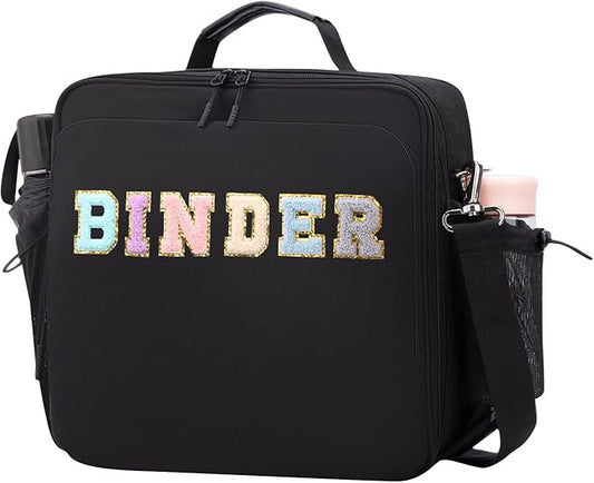 3 Ring Zipper Binder 3 Inch D Rings with Double Water Bottle, Cute Water-Resistant Zip Up Middle School Binder, 700-Sheet Capacity Organizer & Multiple Pockets & Shoulder Strap & Laptop, Black