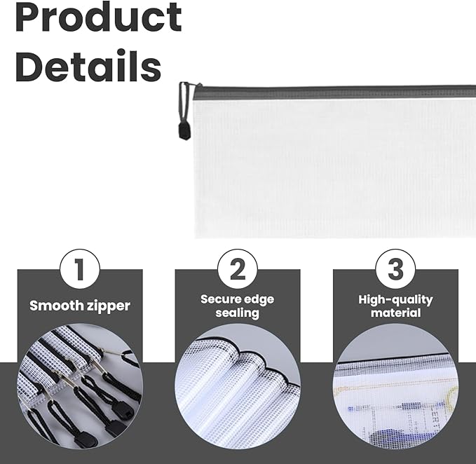 60 Pcs Plastic Mesh Zipper Pouch, 9.3x4.7in Zip File Folders Puzzle Bags, Waterproof Transparent Zip Bag for Office Supplies, Travel and Home