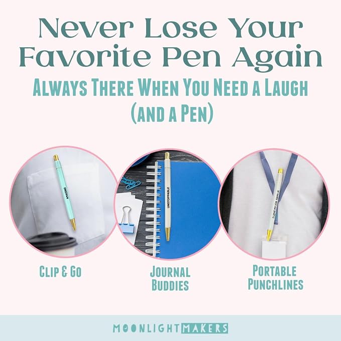 Moonlight Makers - Set of 5 Ballpoint Pens Black Ink- Engraved Funny Pens for Adults - Adulting in Progress Appreciation Gifts - Ideal Desk Decor for Work and Office Desk - Cute Packaging, Handy Clips