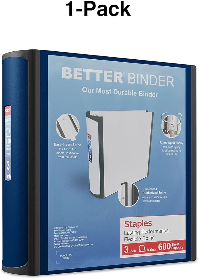 Staples Better Binder, 3-Ring, Reinforced Rubber Spine, 3 Inch D-Ring Binders for Home, Office, School, Holds up to 600-Sheets, Blue