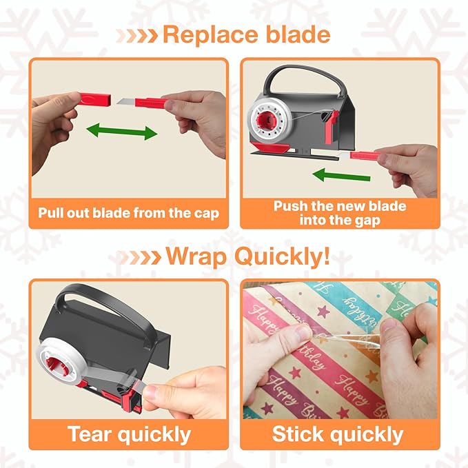Wrapping Paper Cutter(2-Pack) & Tape Dispenser Dual Use with 4 Tapes for Christmas Gift Wrap Cutter Tool Paper Roll Holder Tube Sliding Slicing for Birthday Holiday.