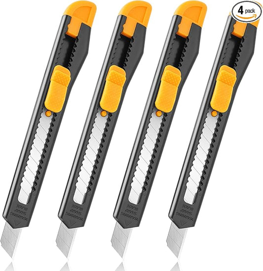 4 Pack Box Cutter Retractable, Utility Knife 9MM Wide Snap-Off Blades, Exacto Knife for Cutting Box, Wrapping, Cardboard, Extended Razor Knife, Box Opener Perfect for Office, Home, School