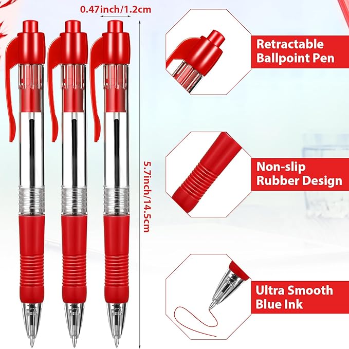 Fainne 200 Pack Retractable Ballpoint Pen 1.0 mm Medium Point Refillable Smooth Click Writing Pens With Grip for Work Journal Writing Office School Supplies (Red Ink)