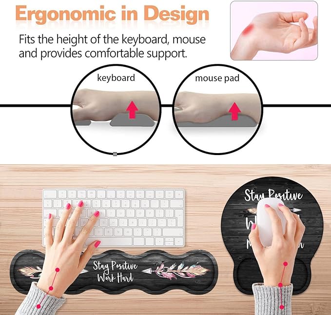 Keyboard Wrist Rest & Mouse Pad Wrist Support Set, Inspirational Quote Stay Positive Work Hard and Make It Happen Non-Slip Rubber PU Base for Home Office Working Studying Easy Typing & Pain Relief
