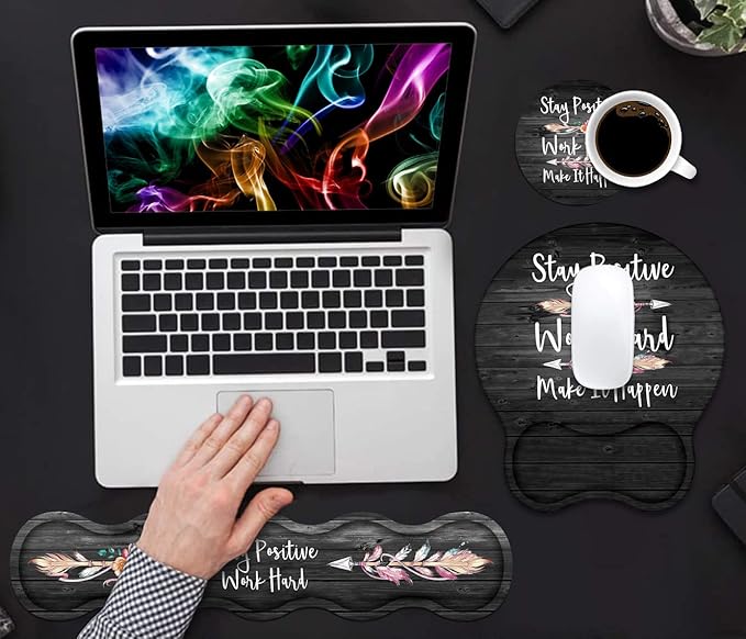 Keyboard Wrist Rest & Mouse Pad Wrist Support Set, Inspirational Quote Stay Positive Work Hard and Make It Happen Non-Slip Rubber PU Base for Home Office Working Studying Easy Typing & Pain Relief