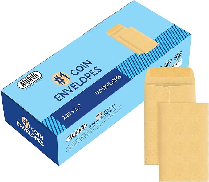 #1 Coin Envelopes 500 Pcs - 2.25×3.5 Inches – Thick & Heavy-Duty Gummed Flapped Kraft Envelopes – Perfect for Coins, Money, Seeds, Home, Office, Wedding & Pocket Use