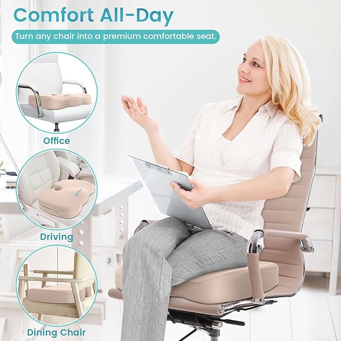 Office Chair Seat Cushion, Cooling Gel Enhanced Memory Foam Cushion for Long Sitting - Back, Sciatica, Coccyx, Tailbone Pain Relief Pillow - for Office, Gaming, Car, Wheelchair - Khaki, Large