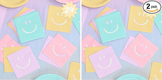 xo, Fetti Smile Party Napkins, 3-ply, 24 pcs - Happy Pastel Birthday Party Decorations, Cute Bachelorette Party, Cool Cocktail Napkins (Pack of 2)