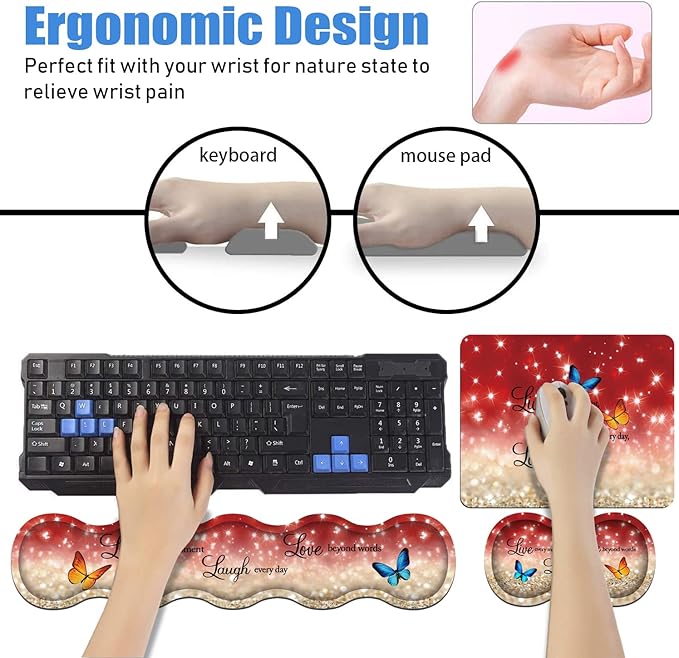 Ergonomic Keyboard Wrist Rest and Mouse Pad Wrist Rest Set with Coasters [4Pcs], Non-Slip Rubber Base for Home Office Working Studying Easy Typing & Pain Relief, Red Glitter Quote Live Laugh Love