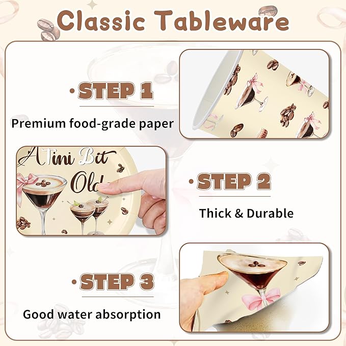 140 Pcs a Tini Bit Older Birthday Party Supplies Bow Decorations Espresso Martini Paper Plates Napkins Cups Knives Forks and Spoons ，Dinnerware for Birthday Wedding Decoration Serves 20