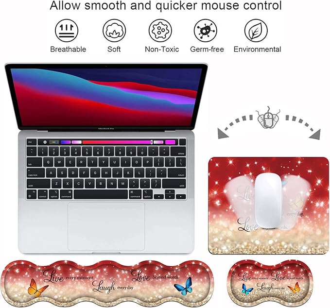 Ergonomic Keyboard Wrist Rest and Mouse Pad Wrist Rest Set with Coasters [4Pcs], Non-Slip Rubber Base for Home Office Working Studying Easy Typing & Pain Relief, Red Glitter Quote Live Laugh Love
