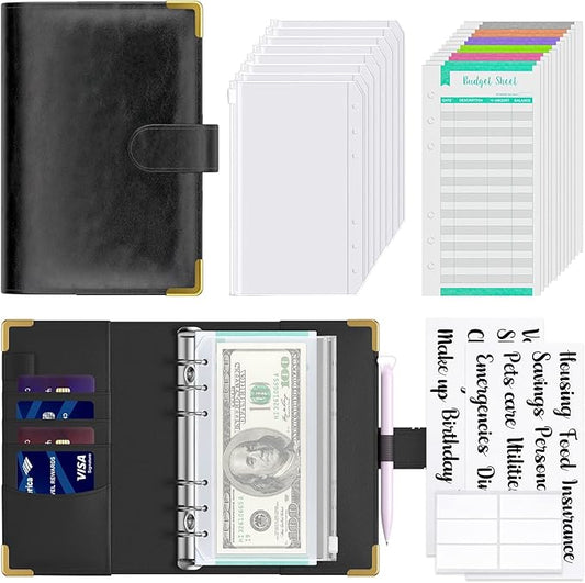 Rnivvi Budget Binder with Zipper Envelopes, A6 Money Saving Binder Cash Envelopes for Budgeting, PU Leather Planner Money Organizer for Cash Stuffing Planning, Cute System Wallet for Women Men, Black