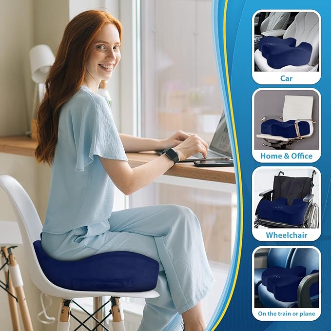 BlissTrends Seat Cushion,5.2in Thick Memory Foam Cushions for Office Chair, Car Seat, Airplane, Relieving Pressure Tailbone Sciatica Back Pain for Long Sitting Office Workers, Car Drivers Blue