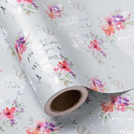 WRAPAHOLIC Wedding Wrapping Paper - Mini Roll, 17 Inch x 33 Feet, Silver Foil Floral & Congratulations Design, Perfect for Wedding, Anniversary & Party Gifts