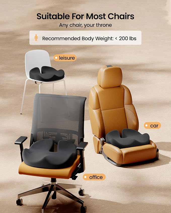 ProtoArc Seat Cushion, Office Chair Cushion for Sciatica, Coccyx Cushion, Ergonomic Memory Foam Seat Cushion for Car, Home, Pressure Relief Pad for Hip, Tailbone, All Day Comfort - Black