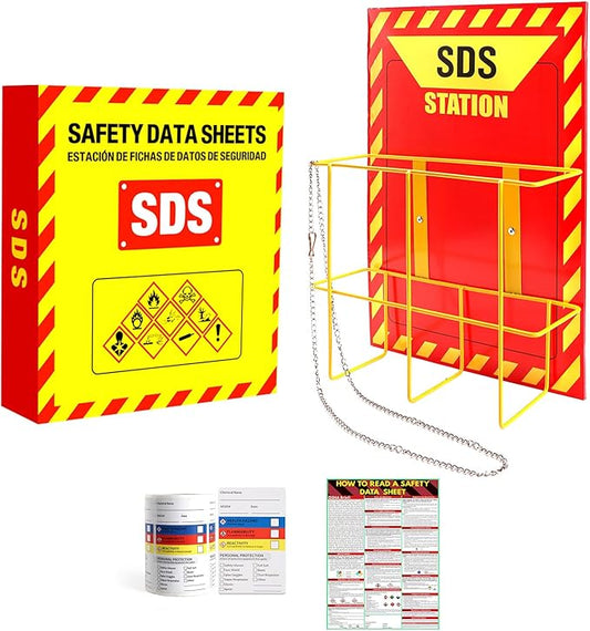 MSDS Yellow Heavy Duty 3 Inch Material Safety Data Sheet 3 Ring Binder with SDS Wire Rack, Display Sign, Chain, Safety Posters, Labels, Wall Mount