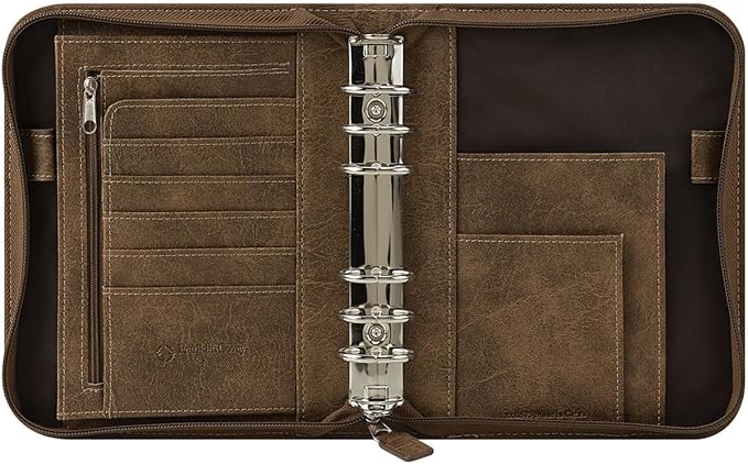 FranklinCovey - FC Basics Ring-Bound Binder for FranklinCovey Planners | Distressed Simulated Leather - Zipper Binder (Compact, Brown)
