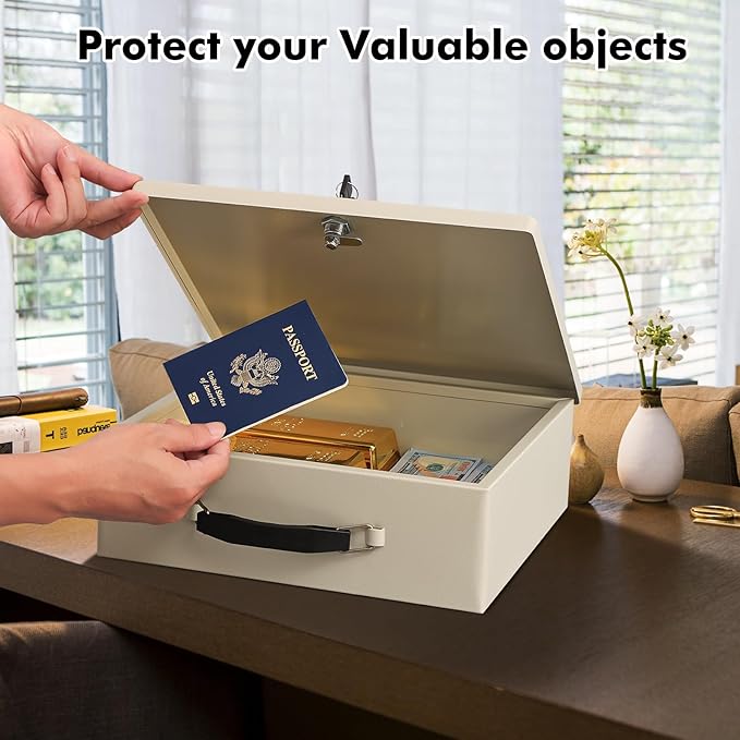 KYODOLED Fireproof Document Box with Key Lock, Safe Storage Box for Valuables, Fire Resistance Security, Fireproof Lock Box for Passport, Cash, Tablet 13.2'' x 11'' x 4.13'' Beige