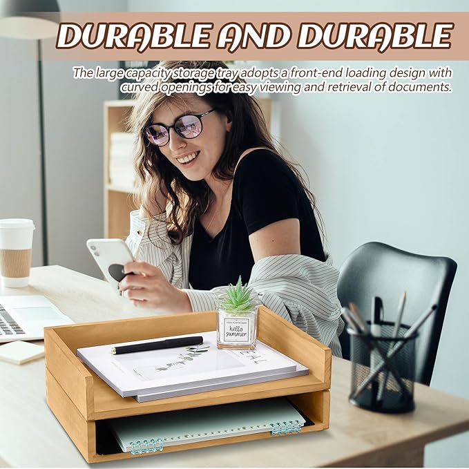 Yeaqee 4 Pcs Stackable Paper Organizer Tray Wood Desk Organizer Letter Tray Desktop Letter Size Office Wooden Desk Shelf Paper Holder Folder Organization Rack for Mail File Document(Light Wood Color)