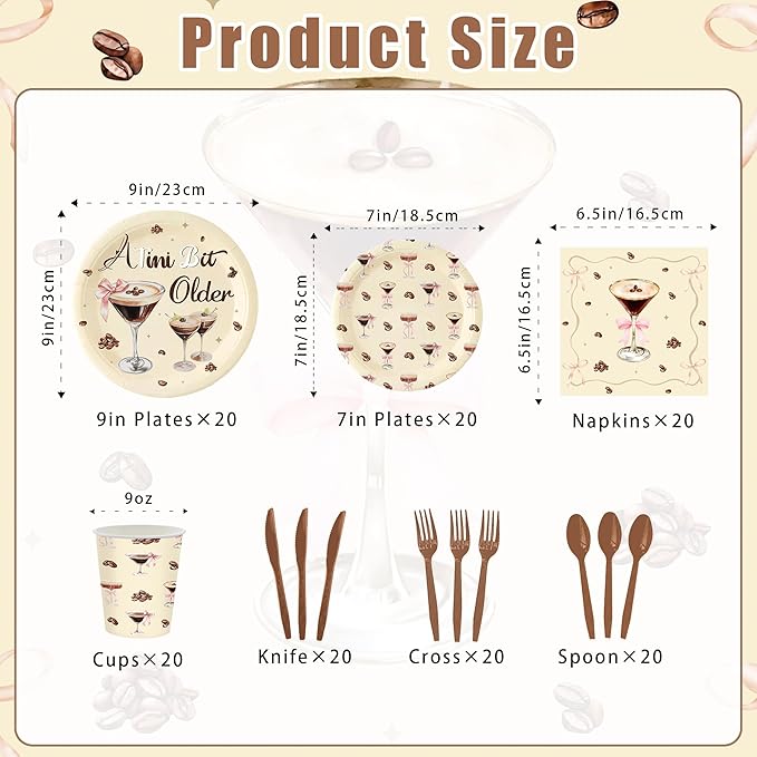 140 Pcs a Tini Bit Older Birthday Party Supplies Bow Decorations Espresso Martini Paper Plates Napkins Cups Knives Forks and Spoons ，Dinnerware for Birthday Wedding Decoration Serves 20