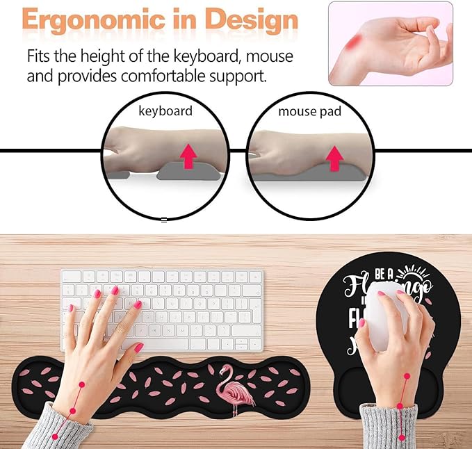 Keyboard Wrist Rest & Mouse Pad Wrist Support Set, Inspirational Quote Be a Flamingo in a Flock Pigeons Design Non-Slip Rubber PU Base for Home Office Working Studying Easy Typing & Pain Relief