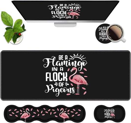 Ergonomic Memory Foam Mouse Pad Wrist Rest Set, Be a Flamingo in a Flock Pigeons Inspirational Quote Large Desk Pad + Keyboard Wrist Rest + Mouse Wrist Cushion + Coaster for Home Office Study Gaming