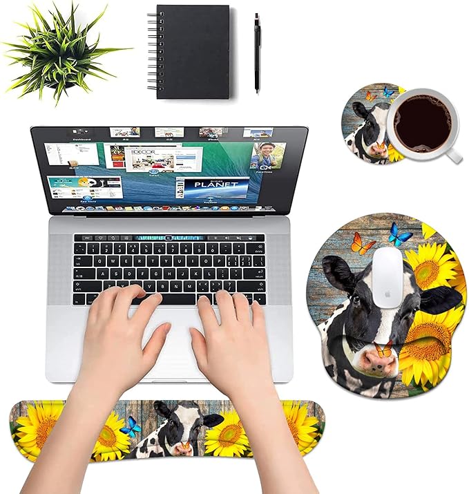 Keyboard Wrist Rest and Mouse Pad Wrist Support Set with Coasters, Ergonomic Gaming Mousepad Non-Slip PU Base for Home Office Working Studying Easy Typing & Pain Relief - Sunflowers and Cow