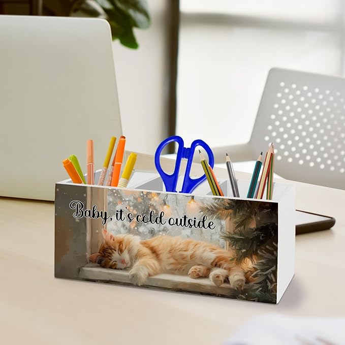 Winter Christmas Cat Pen Pencil Holder Organizer for Desk Accessories, Cat Mom Lovers Gifts for Women Wooden Box Sign Desk Decor for Office Decoration, Christmas Office Decor