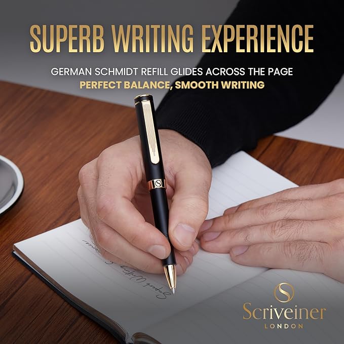 Scriveiner Black Rollerball EDC Luxury Pen, Stunning Pocket Roller ball with Real Gold Finish, Great Gift for Men & Women with German Schmidt Refill, Nice Present, Fancy Office Designer Pen
