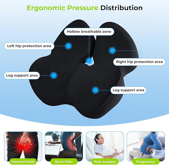 Seat Cushion,Office Chair Cushion for Sciatica,Ergonomic Memory Foam Seat Cushion for Car,Coccyx Cushion,Sciatica & Back Support,19" x 16" All Day Comfort Black Chair Cushion