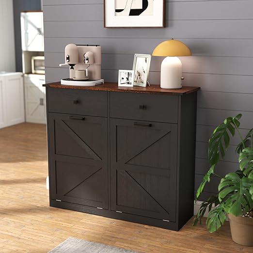 Double Tilt Out Trash Cabinet 20 Gallon Wooden Free Standing - Pet Proof Recycling Bin with Hideaway Drawer for Kitchen, Bathroom, Living Room (Black, Large)
